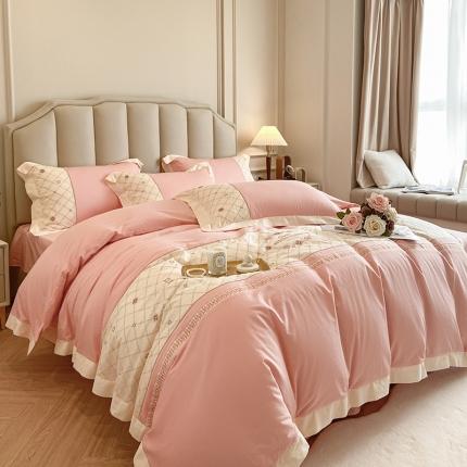 欧冠 2023秋冬保暖60S全棉刺绣拼接菲曼系列四件套 菲曼-樱花粉