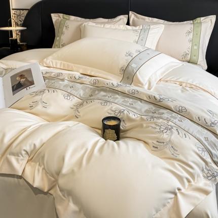 91家纺网 家纺一手货源 找家纺 欧冠 2023新款秋冬保暖锦绣棉简约绣花艾莎系列四件套 艾莎-米黄