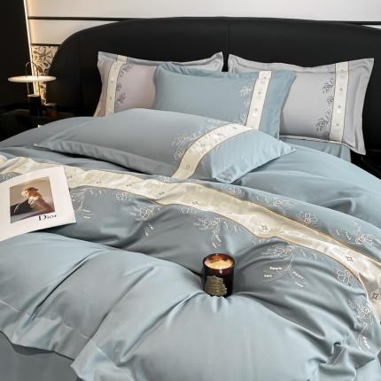 91家纺网 家纺一手货源 找家纺 欧冠 2023新款秋冬保暖锦绣棉简约绣花艾莎系列四件套 艾莎-青灰