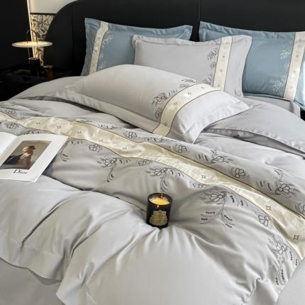 欧冠 2023新款秋冬保暖锦绣棉简约绣花艾莎系列四件套 艾莎-浅灰