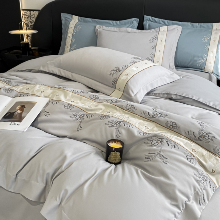 91家纺网 家纺一手货源 找家纺 欧冠 2023新款秋冬保暖锦绣棉简约绣花艾莎系列四件套 艾莎-浅灰