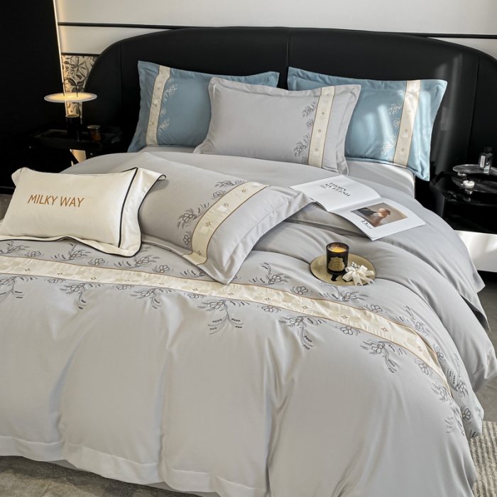 91家纺网 家纺一手货源 找家纺 欧冠 2023新款秋冬保暖锦绣棉简约绣花艾莎系列四件套 艾莎-浅灰