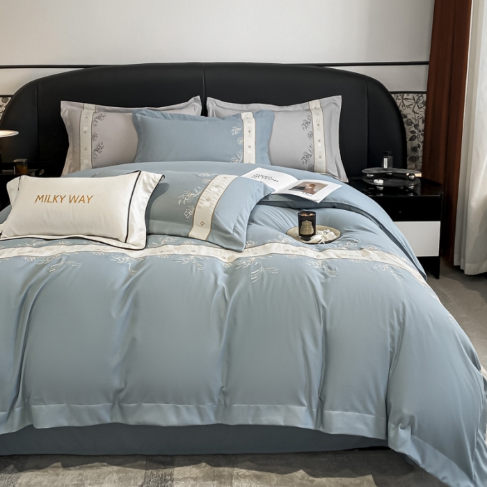 91家纺网 家纺一手货源 找家纺 欧冠 2023新款秋冬保暖锦绣棉简约绣花艾莎系列四件套 艾莎-青灰