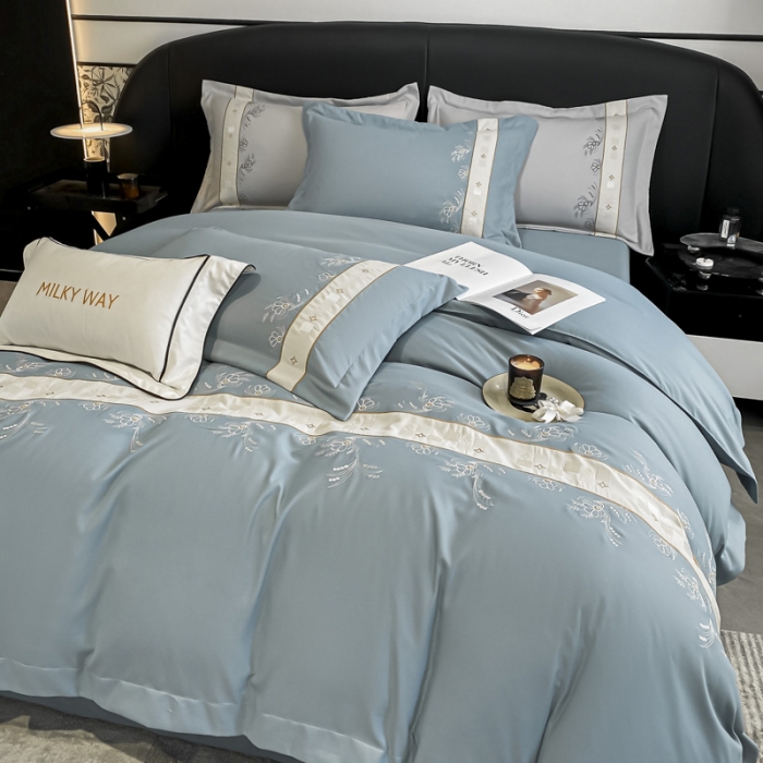 91家纺网 家纺一手货源 找家纺 欧冠 2023新款秋冬保暖锦绣棉简约绣花艾莎系列四件套 艾莎-青灰