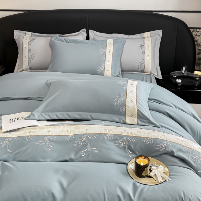 91家纺网 家纺一手货源 找家纺 欧冠 2023新款秋冬保暖锦绣棉简约绣花艾莎系列四件套 艾莎-青灰