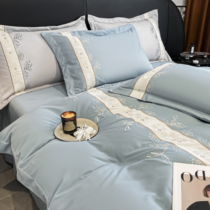 91家纺网 家纺一手货源 找家纺 欧冠 2023新款秋冬保暖锦绣棉简约绣花艾莎系列四件套 艾莎-青灰