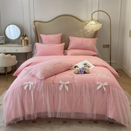 91家纺网 家纺一手货源 找家纺 欧冠 2023新款秋冬保暖60S全棉蕾丝刺绣丽丽贝尔系列四件套 玫瑰粉