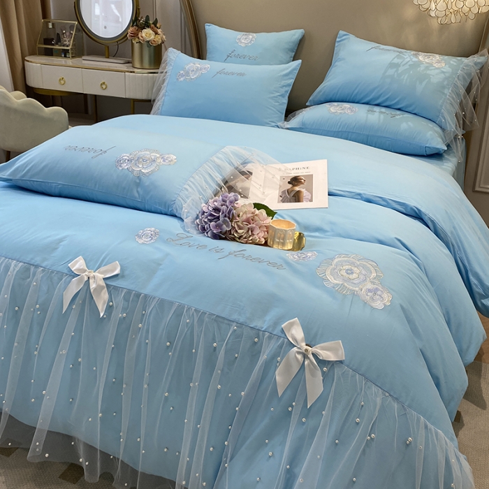 91家纺网 家纺一手货源 找家纺 欧冠 2023新款秋冬保暖60S全棉蕾丝刺绣丽丽贝尔系列四件套 马卡龙蓝