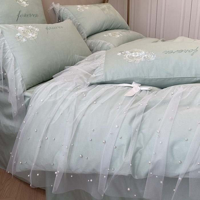 91家纺网 家纺一手货源 找家纺 欧冠 2023新款秋冬保暖60S全棉蕾丝刺绣丽丽贝尔系列四件套 青柠抹茶