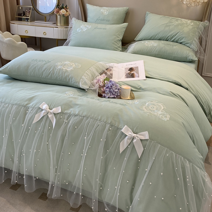 91家纺网 家纺一手货源 找家纺 欧冠 2023新款秋冬保暖60S全棉蕾丝刺绣丽丽贝尔系列四件套 青柠抹茶