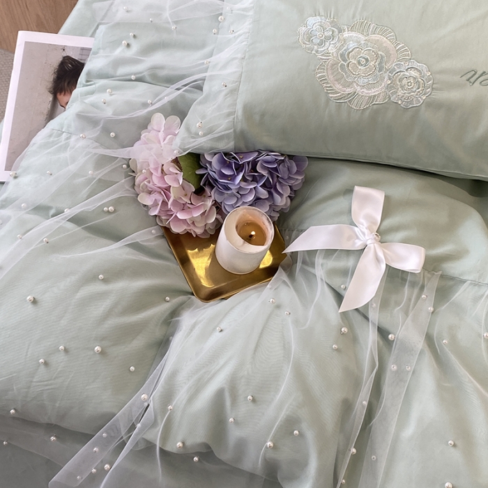 91家纺网 家纺一手货源 找家纺 欧冠 2023新款秋冬保暖60S全棉蕾丝刺绣丽丽贝尔系列四件套 青柠抹茶