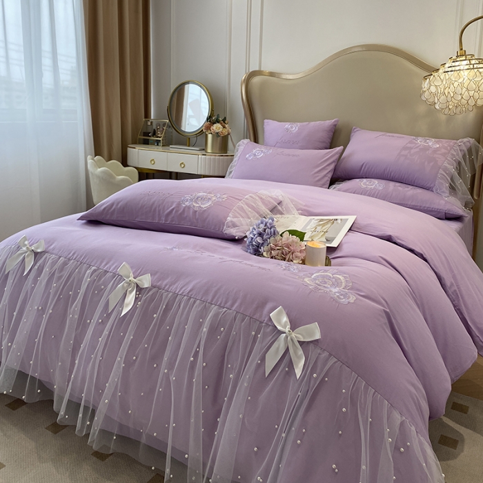 91家纺网 家纺一手货源 找家纺 欧冠 2023新款秋冬保暖60S全棉蕾丝刺绣丽丽贝尔系列四件套 薰衣紫