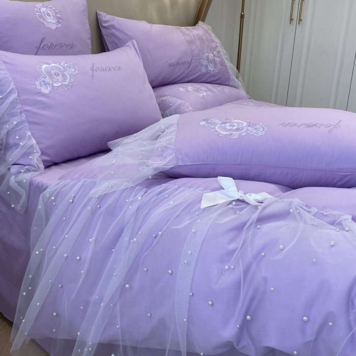 91家纺网 家纺一手货源 找家纺 欧冠 2023新款秋冬保暖60S全棉蕾丝刺绣丽丽贝尔系列四件套 薰衣紫
