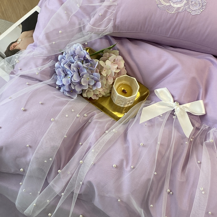 91家纺网 家纺一手货源 找家纺 欧冠 2023新款秋冬保暖60S全棉蕾丝刺绣丽丽贝尔系列四件套 薰衣紫