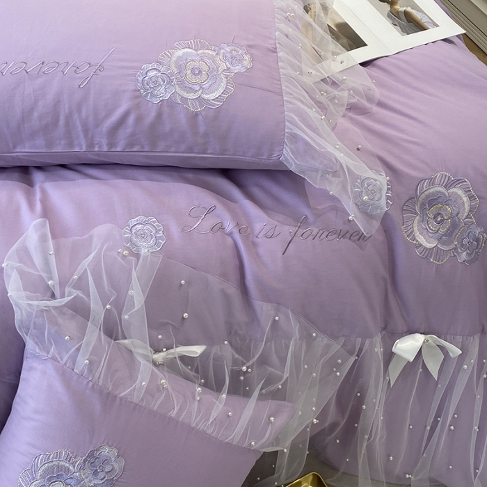 91家纺网 家纺一手货源 找家纺 欧冠 2023新款秋冬保暖60S全棉蕾丝刺绣丽丽贝尔系列四件套 薰衣紫