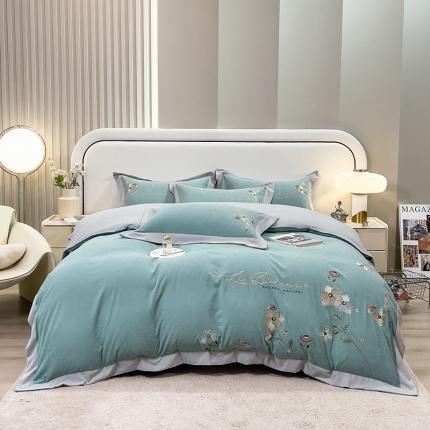 欧冠 2023新款秋冬保暖云锦棉刺绣宽边盛夏光年系列四件套 盛夏光年-田园绿