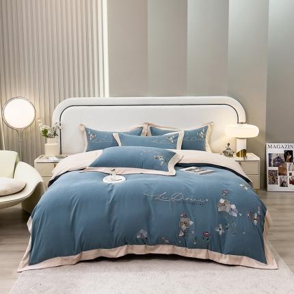 欧冠 2023新款秋冬保暖云锦棉刺绣宽边盛夏光年系列四件套 盛夏光年-英蓝