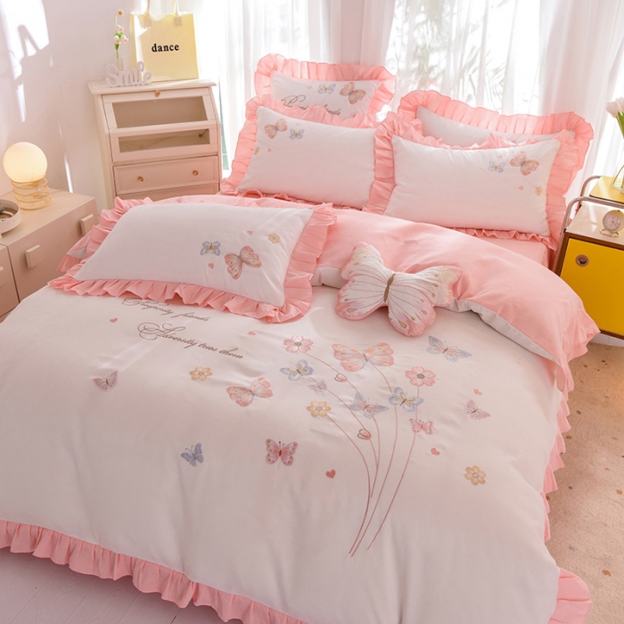 91家纺网 家纺一手货源 找家纺 欧冠 2023新款秋冬保暖云锦棉刺绣花边春卉系列四件套 春卉-白玉