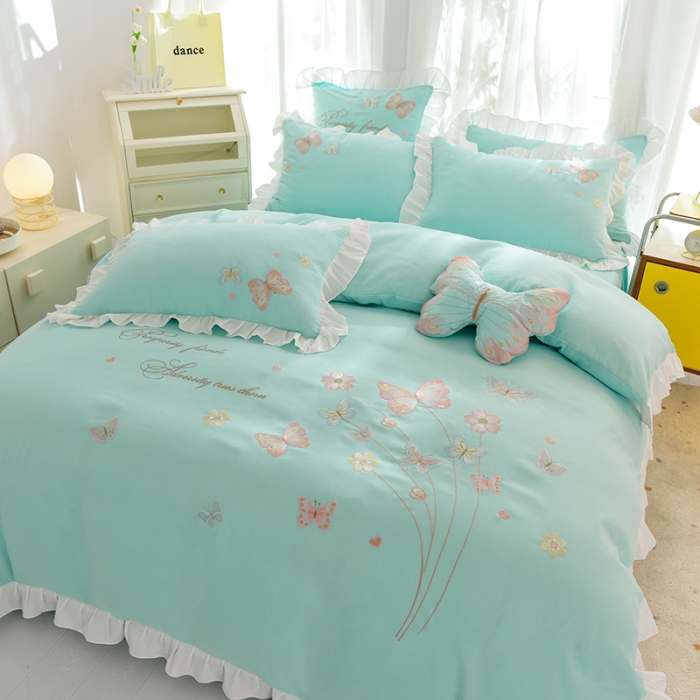 91家纺网 家纺一手货源 找家纺 欧冠 2023新款秋冬保暖云锦棉刺绣花边春卉系列四件套 春卉-碧绿