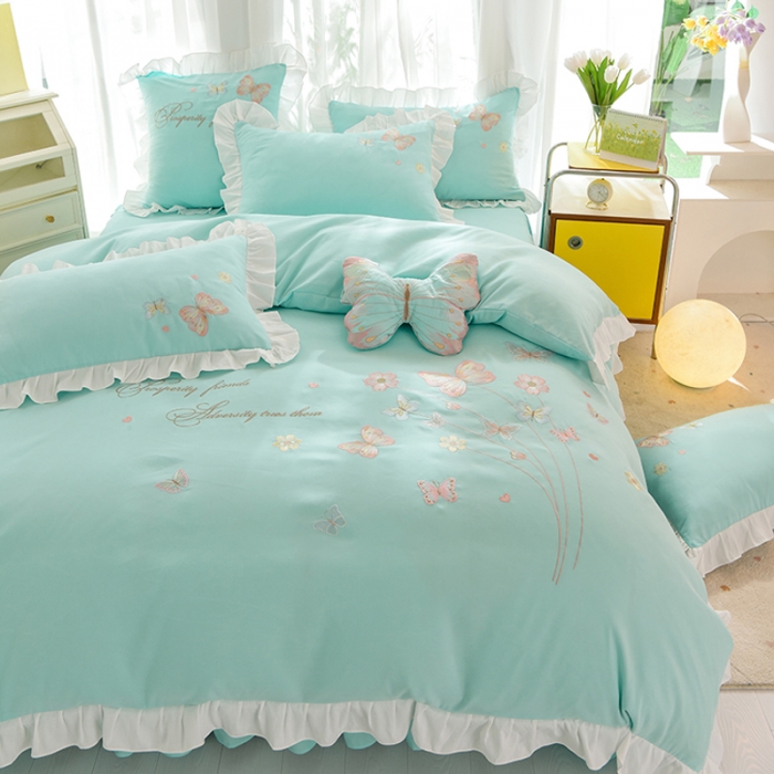 91家纺网 家纺一手货源 找家纺 欧冠 2023新款秋冬保暖云锦棉刺绣花边春卉系列四件套 春卉-碧绿