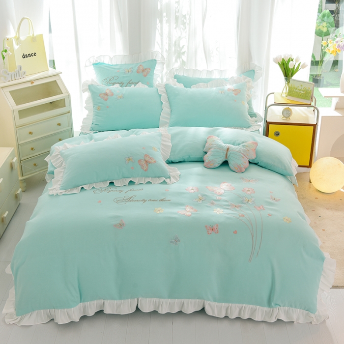 91家纺网 家纺一手货源 找家纺 欧冠 2023新款秋冬保暖云锦棉刺绣花边春卉系列四件套 春卉-碧绿