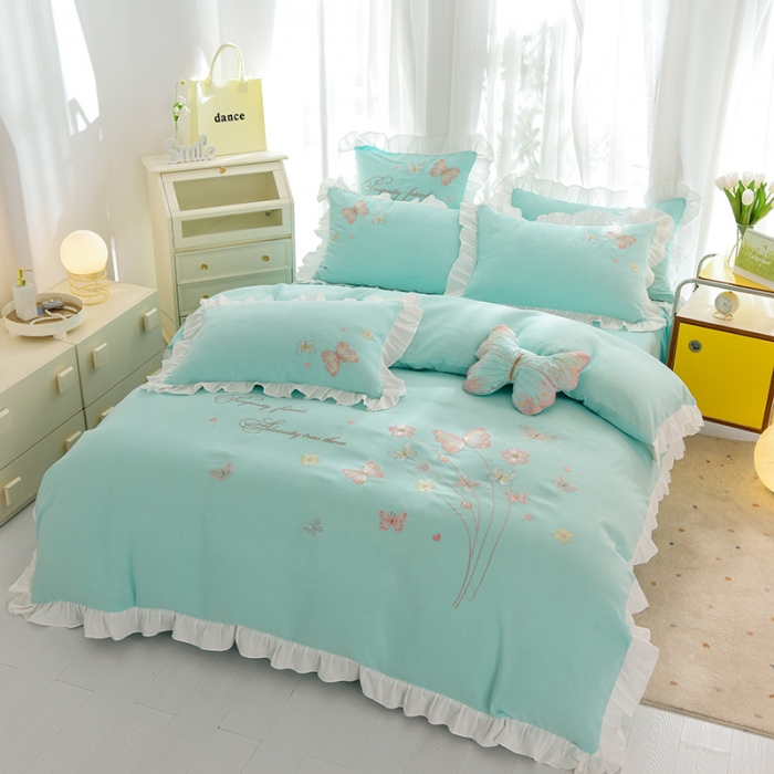 91家纺网 家纺一手货源 找家纺 欧冠 2023新款秋冬保暖云锦棉刺绣花边春卉系列四件套 春卉-碧绿