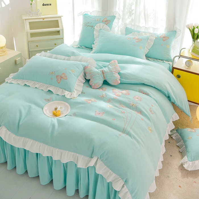 91家纺网 家纺一手货源 找家纺 欧冠 2023新款秋冬保暖云锦棉刺绣花边春卉系列四件套 春卉-碧绿