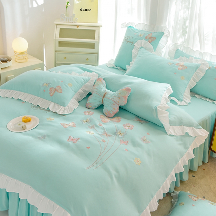 91家纺网 家纺一手货源 找家纺 欧冠 2023新款秋冬保暖云锦棉刺绣花边春卉系列四件套 春卉-碧绿