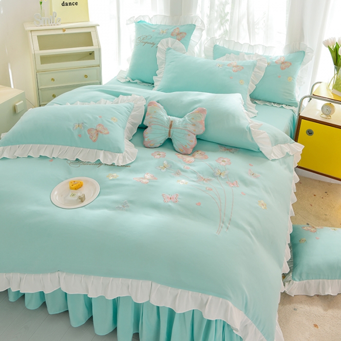 91家纺网 家纺一手货源 找家纺 欧冠 2023新款秋冬保暖云锦棉刺绣花边春卉系列四件套 春卉-碧绿