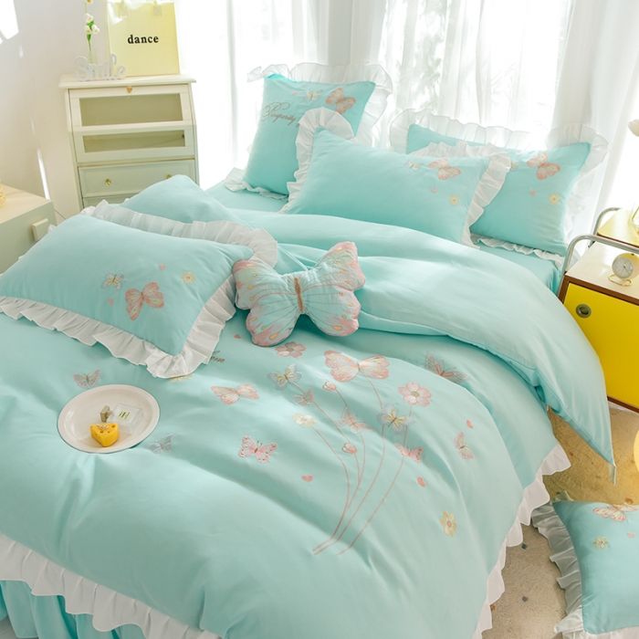 91家纺网 家纺一手货源 找家纺 欧冠 2023新款秋冬保暖云锦棉刺绣花边春卉系列四件套 春卉-碧绿