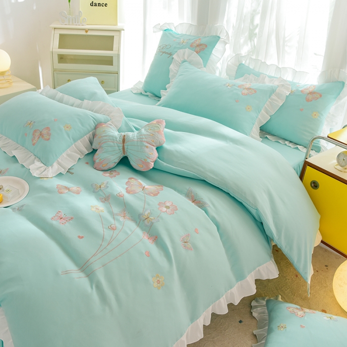 91家纺网 家纺一手货源 找家纺 欧冠 2023新款秋冬保暖云锦棉刺绣花边春卉系列四件套 春卉-碧绿