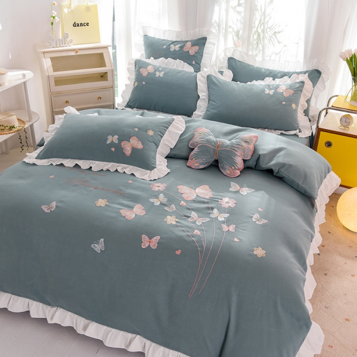 91家纺网 家纺一手货源 找家纺 欧冠 2023新款秋冬保暖云锦棉刺绣花边春卉系列四件套 春卉-黛蓝