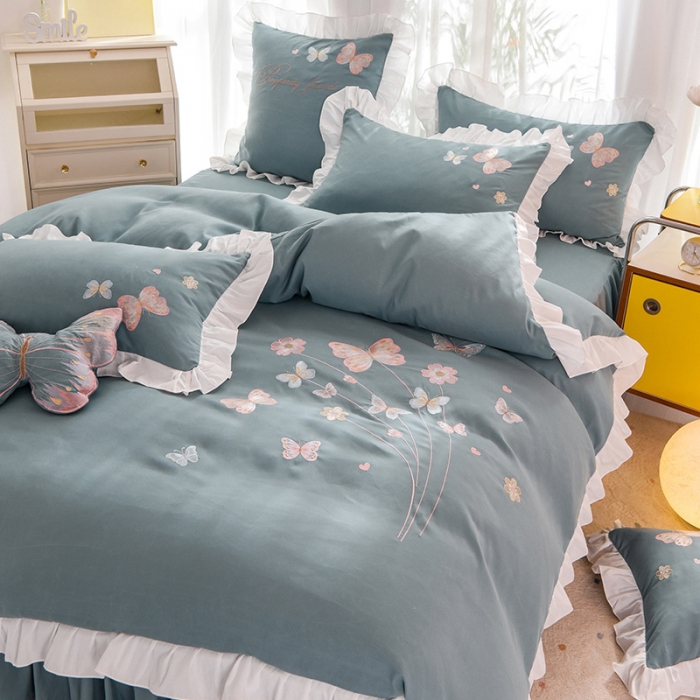 91家纺网 家纺一手货源 找家纺 欧冠 2023新款秋冬保暖云锦棉刺绣花边春卉系列四件套 春卉-黛蓝