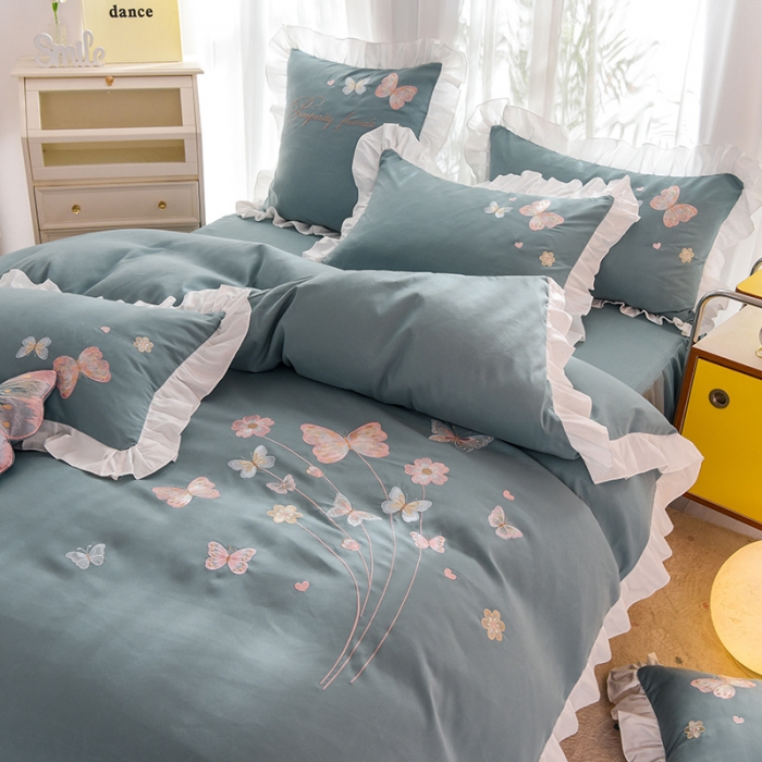 91家纺网 家纺一手货源 找家纺 欧冠 2023新款秋冬保暖云锦棉刺绣花边春卉系列四件套 春卉-黛蓝