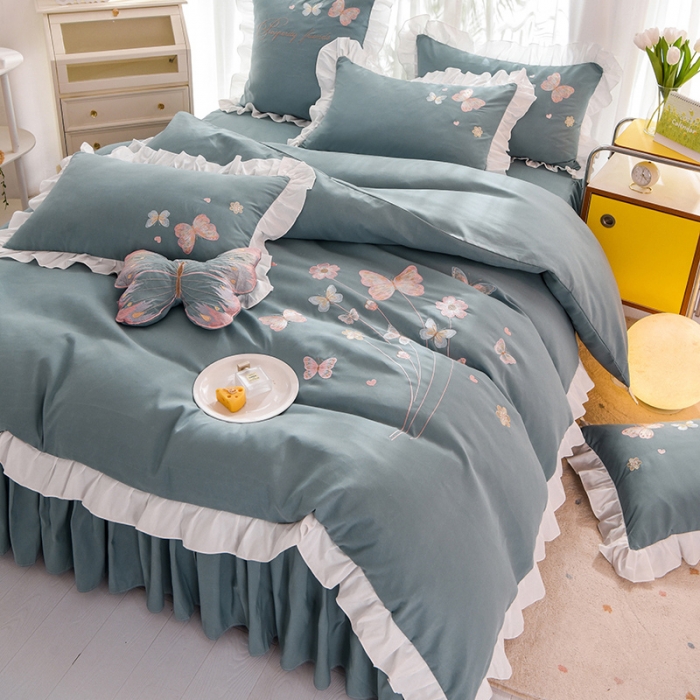 91家纺网 家纺一手货源 找家纺 欧冠 2023新款秋冬保暖云锦棉刺绣花边春卉系列四件套 春卉-黛蓝