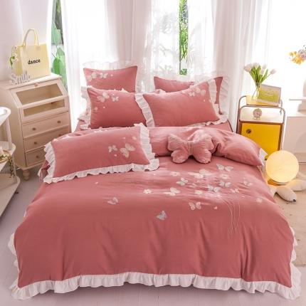 欧冠 2023新款秋冬保暖云锦棉刺绣花边春卉系列四件套 春卉-豆沙