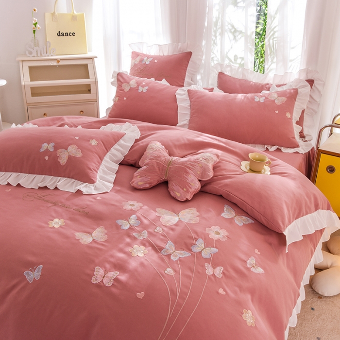 91家纺网 家纺一手货源 找家纺 欧冠 2023新款秋冬保暖云锦棉刺绣花边春卉系列四件套 春卉-豆沙