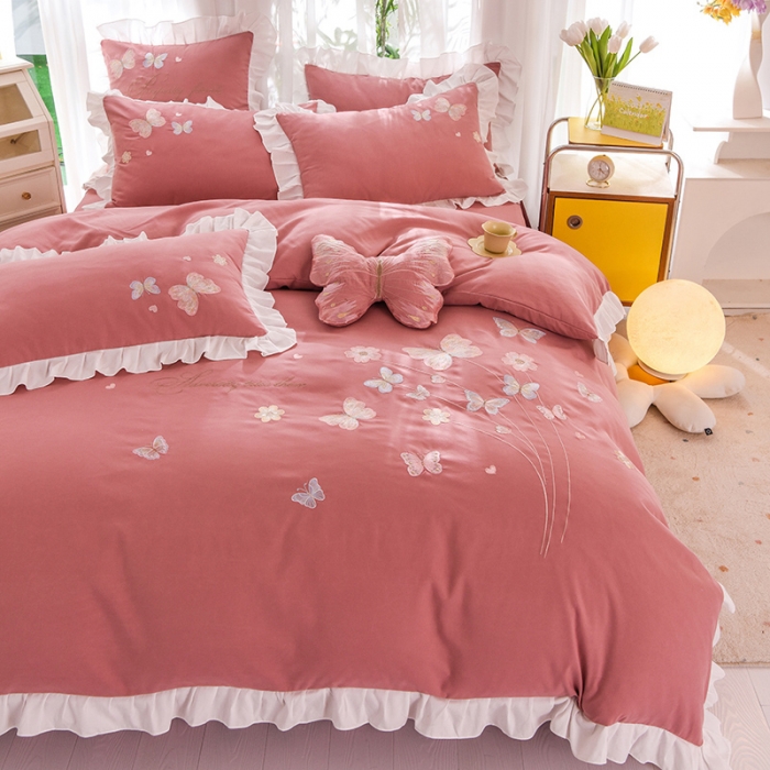 91家纺网 家纺一手货源 找家纺 欧冠 2023新款秋冬保暖云锦棉刺绣花边春卉系列四件套 春卉-豆沙