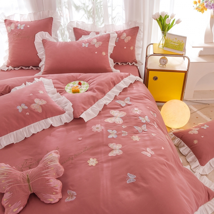 91家纺网 家纺一手货源 找家纺 欧冠 2023新款秋冬保暖云锦棉刺绣花边春卉系列四件套 春卉-豆沙