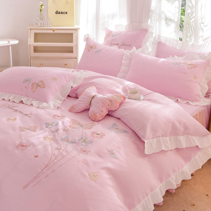 91家纺网 家纺一手货源 找家纺 欧冠 2023新款秋冬保暖云锦棉刺绣花边春卉系列四件套 春卉-粉色