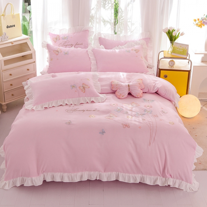 91家纺网 家纺一手货源 找家纺 欧冠 2023新款秋冬保暖云锦棉刺绣花边春卉系列四件套 春卉-粉色