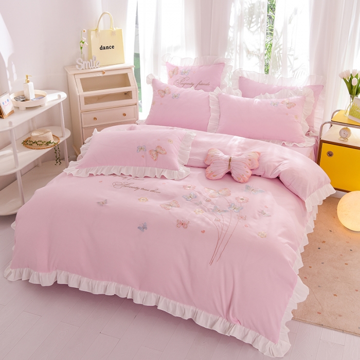 91家纺网 家纺一手货源 找家纺 欧冠 2023新款秋冬保暖云锦棉刺绣花边春卉系列四件套 春卉-粉色