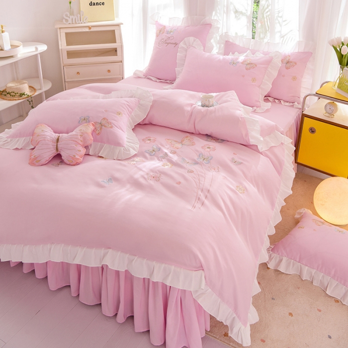 91家纺网 家纺一手货源 找家纺 欧冠 2023新款秋冬保暖云锦棉刺绣花边春卉系列四件套 春卉-粉色