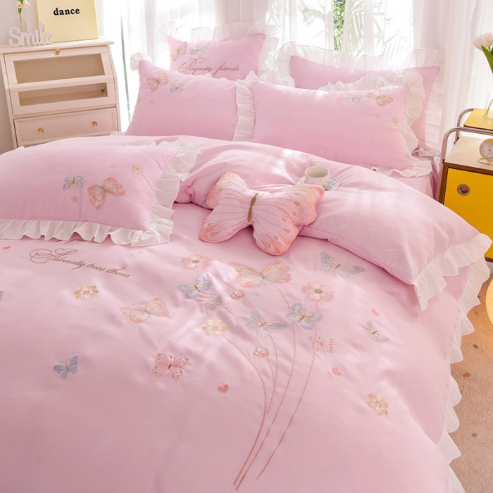 91家纺网 家纺一手货源 找家纺 欧冠 2023新款秋冬保暖云锦棉刺绣花边春卉系列四件套 春卉-粉色