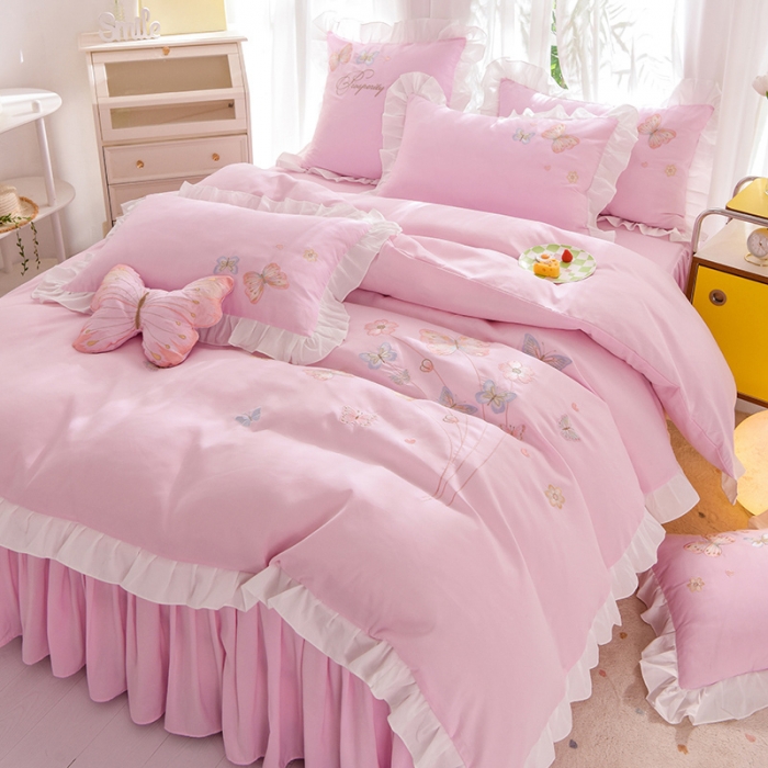 91家纺网 家纺一手货源 找家纺 欧冠 2023新款秋冬保暖云锦棉刺绣花边春卉系列四件套 春卉-粉色