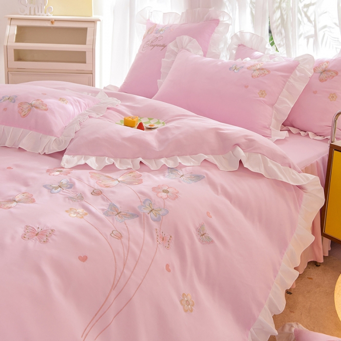 91家纺网 家纺一手货源 找家纺 欧冠 2023新款秋冬保暖云锦棉刺绣花边春卉系列四件套 春卉-粉色