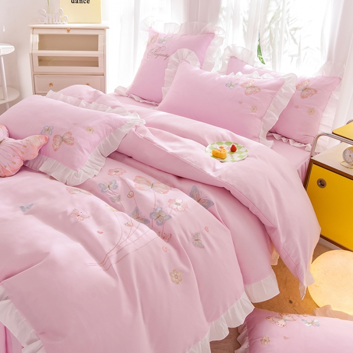 91家纺网 家纺一手货源 找家纺 欧冠 2023新款秋冬保暖云锦棉刺绣花边春卉系列四件套 春卉-粉色