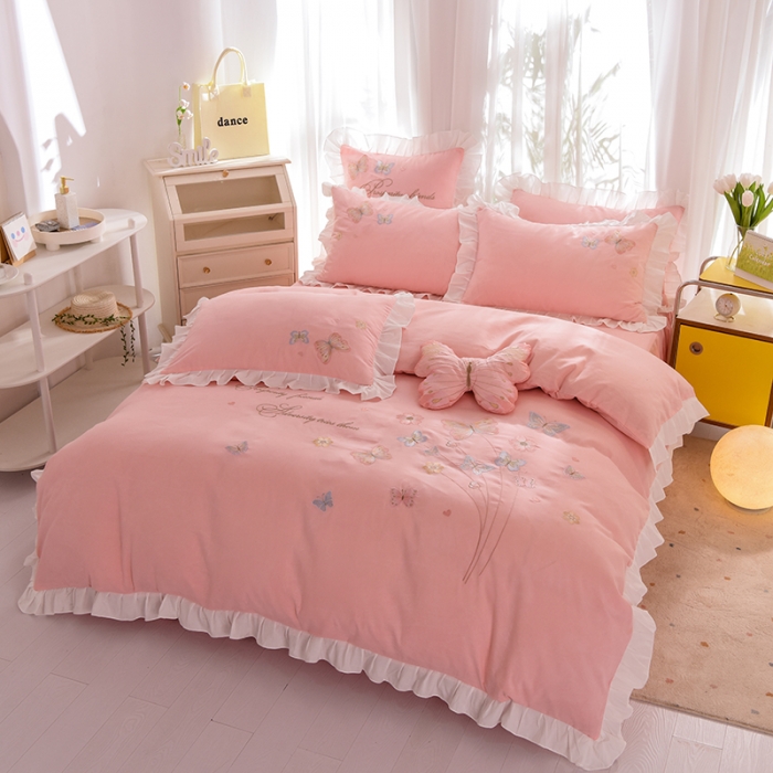 91家纺网 家纺一手货源 找家纺 欧冠 2023新款秋冬保暖云锦棉刺绣花边春卉系列四件套 春卉-粉玉