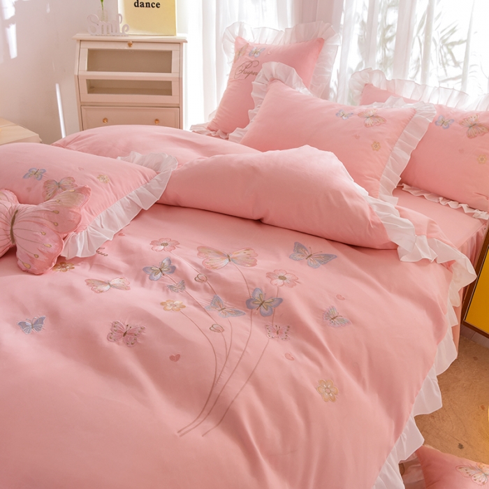 91家纺网 家纺一手货源 找家纺 欧冠 2023新款秋冬保暖云锦棉刺绣花边春卉系列四件套 春卉-粉玉