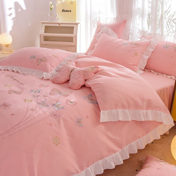 91家纺网 家纺一手货源 找家纺 欧冠 2023新款秋冬保暖云锦棉刺绣花边春卉系列四件套 春卉-粉玉